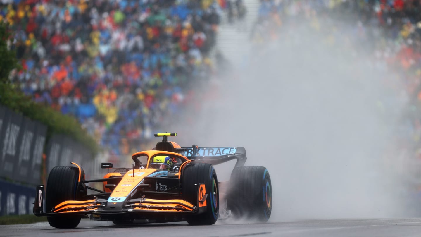 MONTREAL, QUEBEC - JUNE 18: Lando Norris of Great Britain driving the (4) McLaren MCL36 Mercedes in the wet during qualifying ahead of the F1 Grand Prix of Canada at Circuit Gilles Villeneuve on June 18, 2022 in Montreal, Quebec. (Photo by Dan Istitene - Formula 1/Formula 1 via Getty Images)