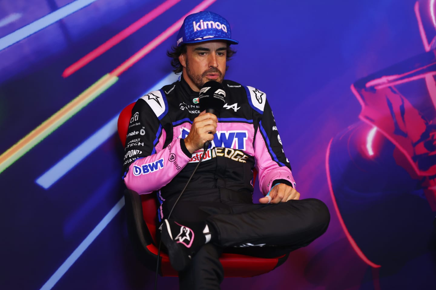 MONTREAL, QUEBEC - JUNE 18: Second placed qualifier Fernando Alonso of Spain and Alpine F1 attends the press conference after qualifying ahead of the F1 Grand Prix of Canada at Circuit Gilles Villeneuve on June 18, 2022 in Montreal, Quebec. (Photo by Lars Baron/Getty Images)