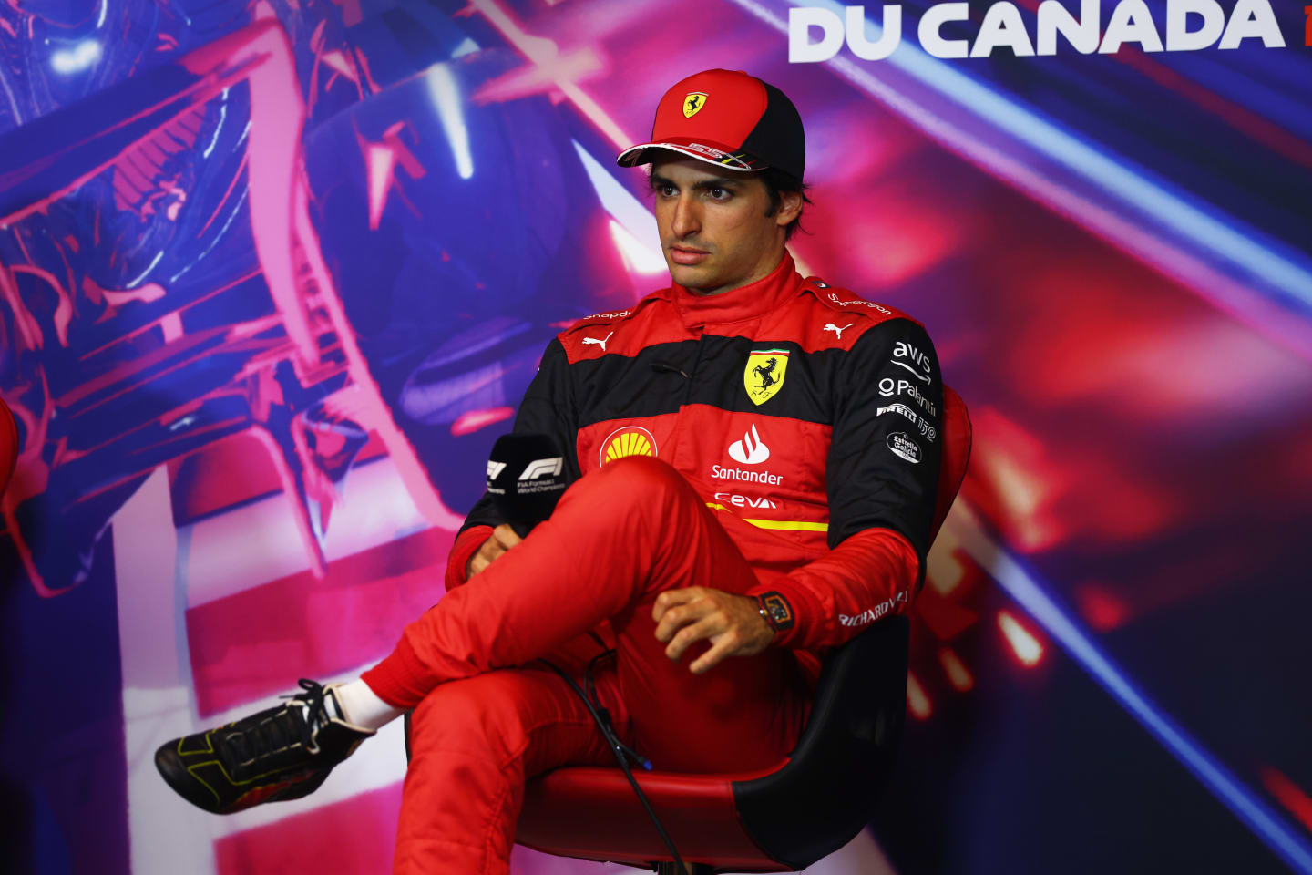 MONTREAL, QUEBEC - JUNE 18: Third placed qualifier Carlos Sainz of Spain and Ferrari looks on in the press conference after qualifying ahead of the F1 Grand Prix of Canada at Circuit Gilles Villeneuve on June 18, 2022 in Montreal, Quebec. (Photo by Lars Baron/Getty Images)