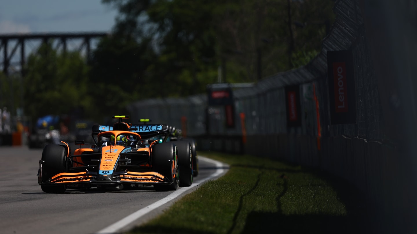 MONTREAL, QUEBEC - JUNE 19: Lando Norris of Great Britain driving the (4) McLaren MCL36 Mercedes on track during the F1 Grand Prix of Canada at Circuit Gilles Villeneuve on June 19, 2022 in Montreal, Quebec. (Photo by Lars Baron - Formula 1/Formula 1 via Getty Images)