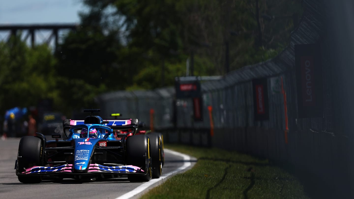 MONTREAL, QUEBEC - JUNE 19: Fernando Alonso of Spain driving the (14) Alpine F1 A522 Renault on track during the F1 Grand Prix of Canada at Circuit Gilles Villeneuve on June 19, 2022 in Montreal, Quebec. (Photo by Lars Baron - Formula 1/Formula 1 via Getty Images)