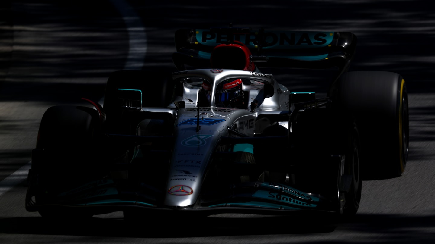 MONTREAL, QUEBEC - JUNE 19: George Russell of Great Britain driving the (63) Mercedes AMG Petronas F1 Team W13 on track during the F1 Grand Prix of Canada at Circuit Gilles Villeneuve on June 19, 2022 in Montreal, Quebec. (Photo by Lars Baron - Formula 1/Formula 1 via Getty Images)