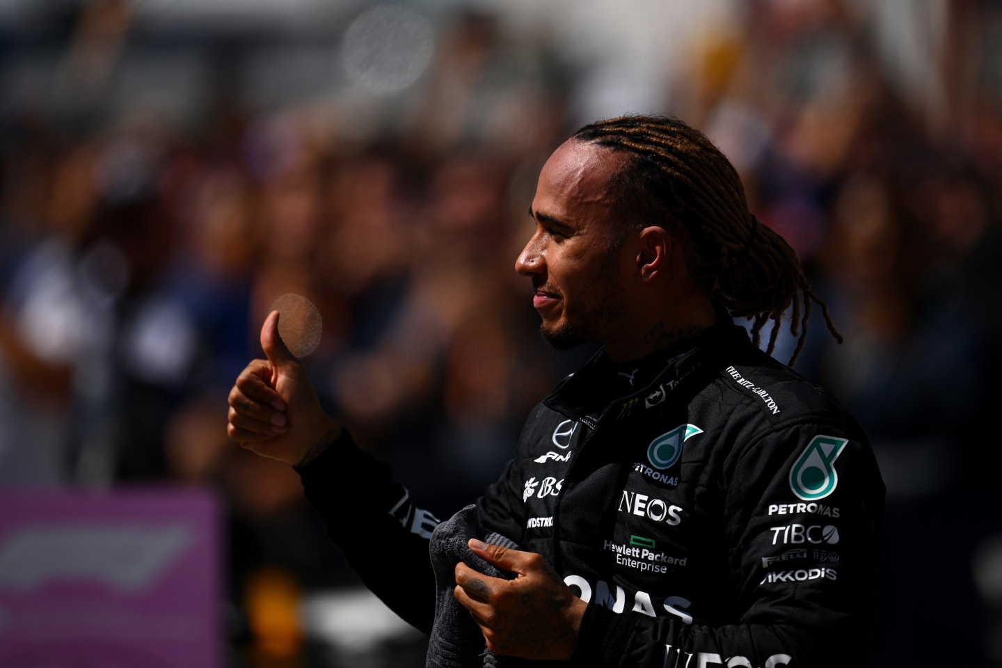 MONTREAL, QUEBEC - JUNE 19: Third placed Lewis Hamilton of Great Britain and Mercedes celebrates in