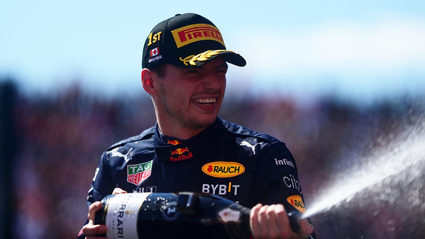 MONTREAL, QUEBEC - JUNE 19: Race winner Max Verstappen of the Netherlands and Oracle Red Bull Racing celebrates on the podium during the F1 Grand Prix of Canada at Circuit Gilles Villeneuve on June 19, 2022 in Montreal, Quebec. (Photo by Mario Renzi - Formula 1/Formula 1 via Getty Images)