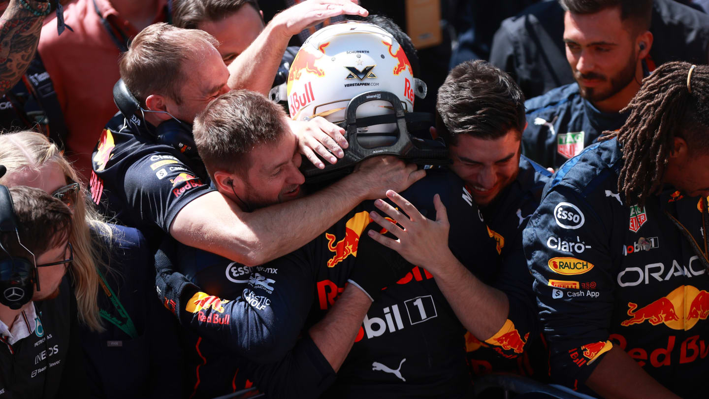 MONTREAL, QUEBEC - JUNE 19: Race winner Max Verstappen of the Netherlands and Oracle Red Bull Racing celebrates in parc ferme during the F1 Grand Prix of Canada at Circuit Gilles Villeneuve on June 19, 2022 in Montreal, Quebec. (Photo by Dan Istitene - Formula 1/Formula 1 via Getty Images)