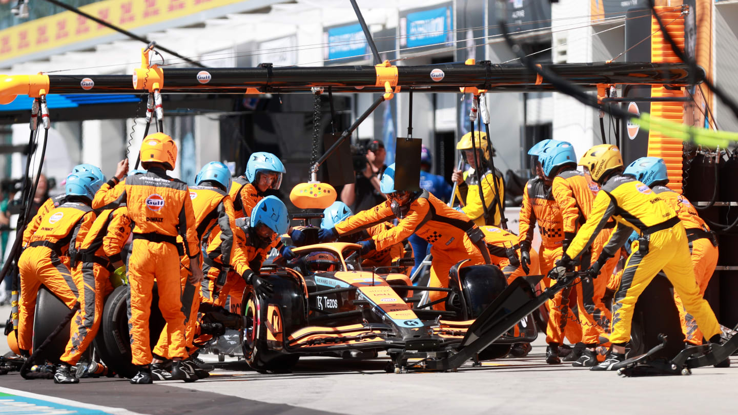 MONTREAL, QUEBEC - JUNE 19: Daniel Ricciardo of Australia driving the (3) McLaren MCL36 Mercedes makes a pitstop during the F1 Grand Prix of Canada at Circuit Gilles Villeneuve on June 19, 2022 in Montreal, Quebec. (Photo by Dan Istitene - Formula 1/Formula 1 via Getty Images)