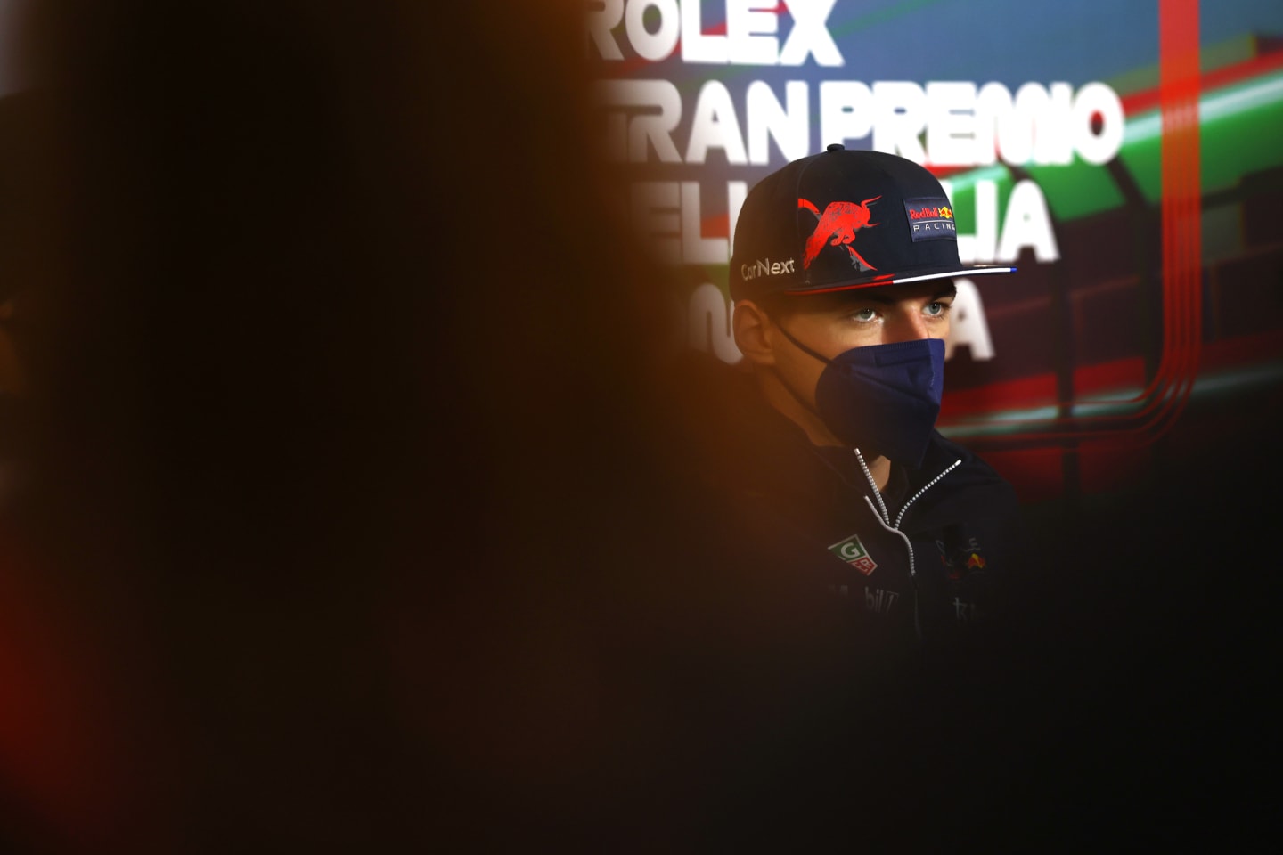 IMOLA, ITALY - APRIL 22: Max Verstappen of the Netherlands and Oracle Red Bull Racing talks in the Drivers Press Conference prior to practice ahead of the F1 Grand Prix of Emilia Romagna at Autodromo Enzo e Dino Ferrari on April 22, 2022 in Imola, Italy. (Photo by Lars Baron/Getty Images)