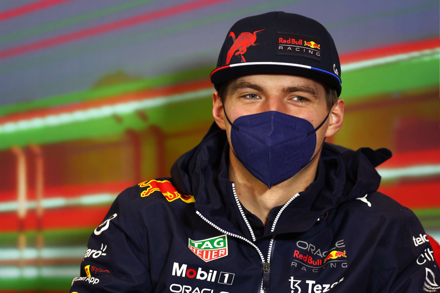 IMOLA, ITALY - APRIL 22: Max Verstappen of the Netherlands and Oracle Red Bull Racing talks in the Drivers Press Conference prior to practice ahead of the F1 Grand Prix of Emilia Romagna at Autodromo Enzo e Dino Ferrari on April 22, 2022 in Imola, Italy. (Photo by Lars Baron/Getty Images)