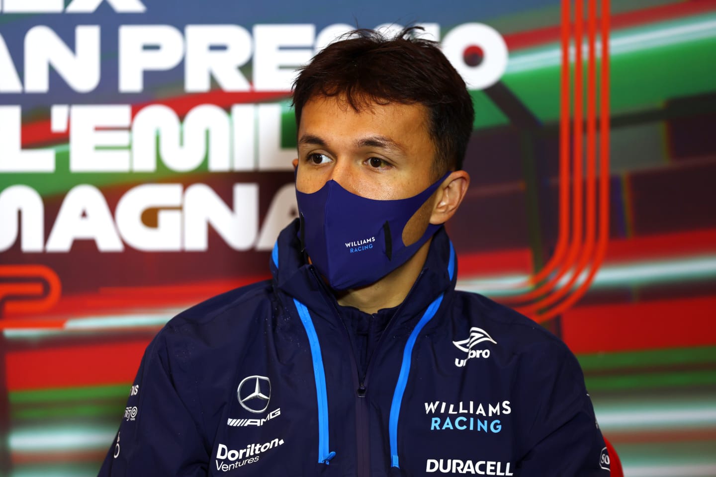 IMOLA, ITALY - APRIL 22: Alexander Albon of Thailand and Williams talks in the Drivers Press Conference prior to practice ahead of the F1 Grand Prix of Emilia Romagna at Autodromo Enzo e Dino Ferrari on April 22, 2022 in Imola, Italy. (Photo by Lars Baron/Getty Images)