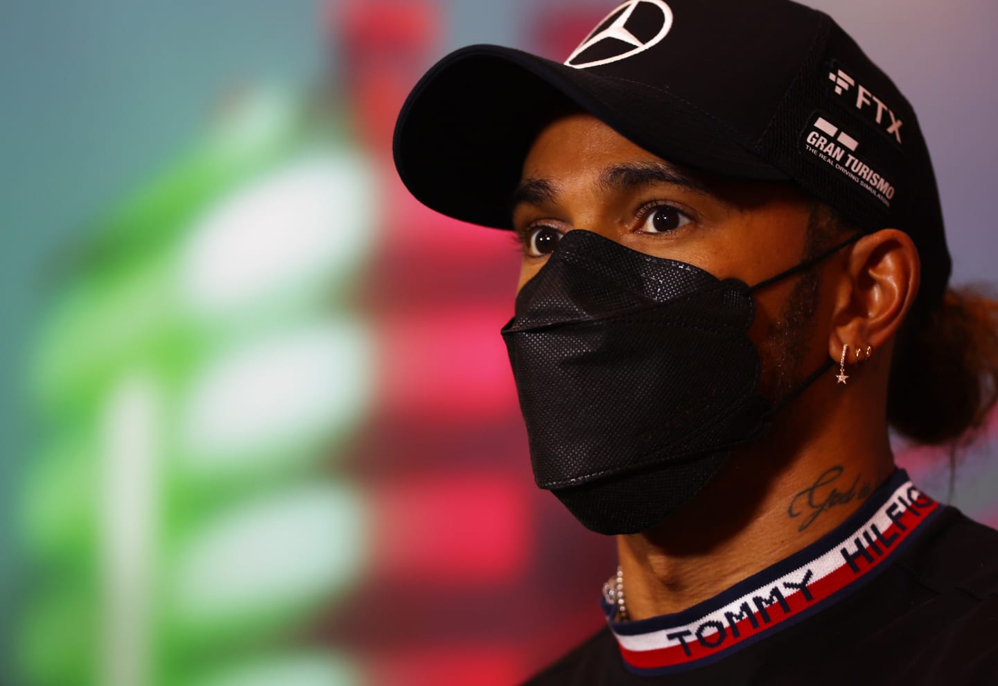 IMOLA, ITALY - APRIL 22: Lewis Hamilton of Great Britain and Mercedes talks in the Drivers Press Conference prior to practice ahead of the F1 Grand Prix of Emilia Romagna at Autodromo Enzo e Dino Ferrari on April 22, 2022 in Imola, Italy. (Photo by Lars Baron/Getty Images)