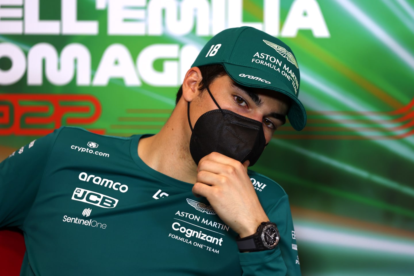 IMOLA, ITALY - APRIL 22: Lance Stroll of Canada and Aston Martin F1 Team looks on in the Drivers Press Conference prior to practice ahead of the F1 Grand Prix of Emilia Romagna at Autodromo Enzo e Dino Ferrari on April 22, 2022 in Imola, Italy. (Photo by Lars Baron/Getty Images)