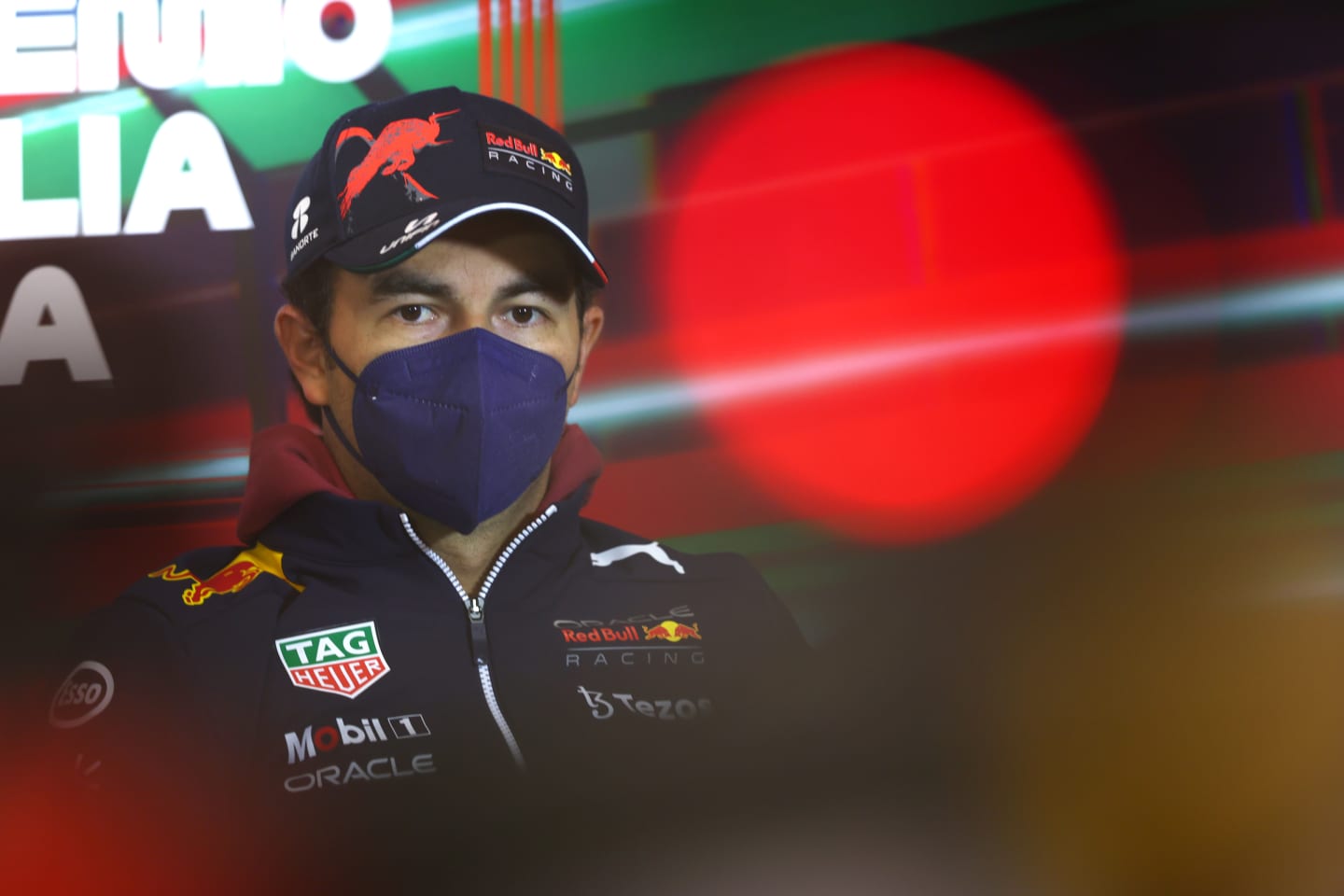 IMOLA, ITALY - APRIL 22: Sergio Perez of Mexico and Oracle Red Bull Racing looks on in the Drivers Press Conference prior to practice ahead of the F1 Grand Prix of Emilia Romagna at Autodromo Enzo e Dino Ferrari on April 22, 2022 in Imola, Italy. (Photo by Lars Baron/Getty Images)