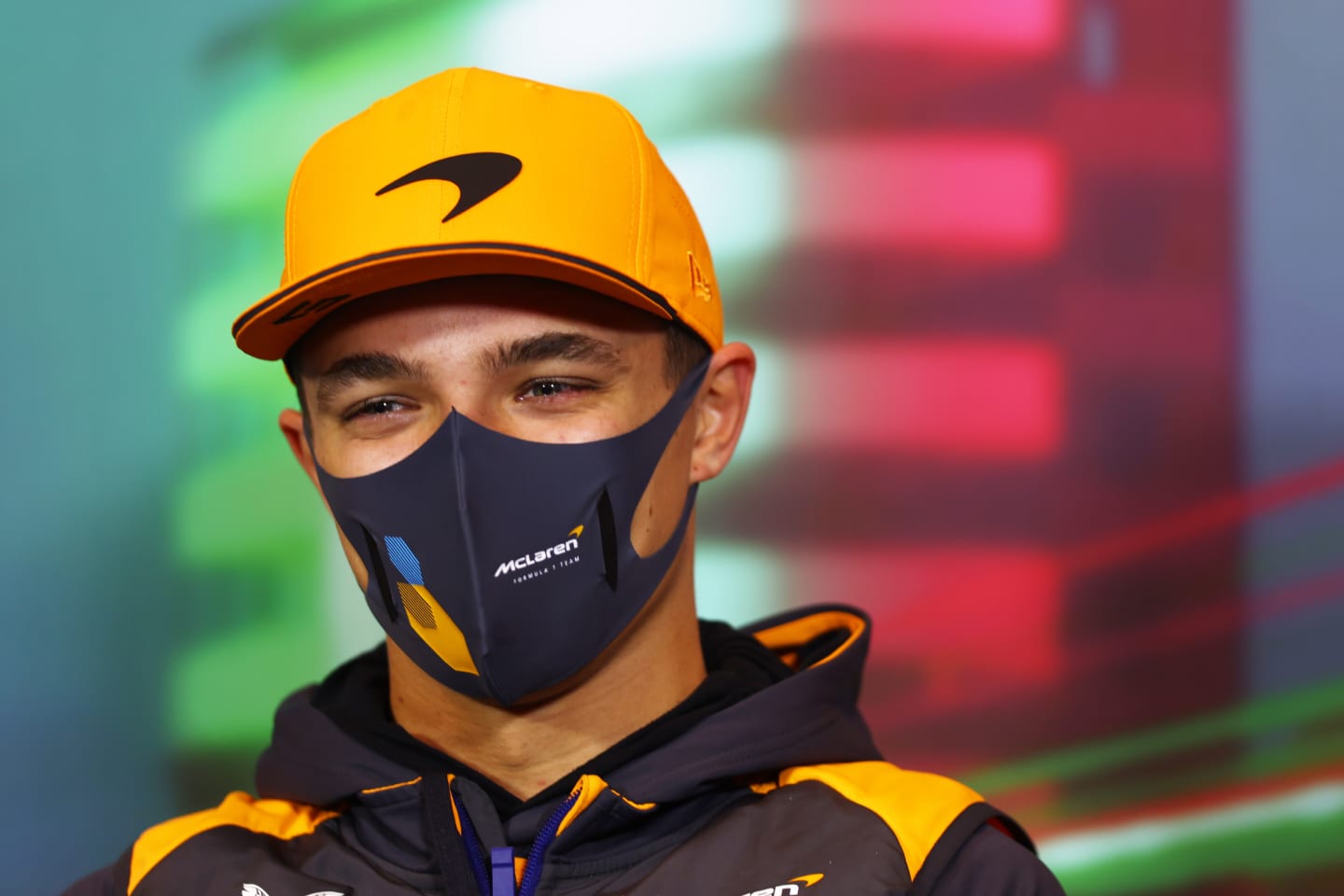 IMOLA, ITALY - APRIL 22: Lando Norris of Great Britain and McLaren talks in the Drivers Press Conference prior to practice ahead of the F1 Grand Prix of Emilia Romagna at Autodromo Enzo e Dino Ferrari on April 22, 2022 in Imola, Italy. (Photo by Lars Baron/Getty Images)