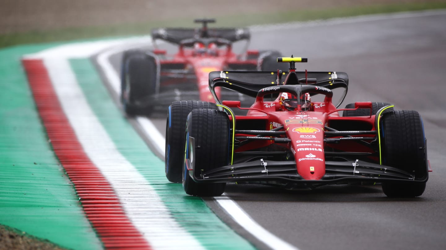 IMOLA, ITALY - APRIL 22: Carlos Sainz of Spain driving (55) the Ferrari F1-75 leads Charles Leclerc
