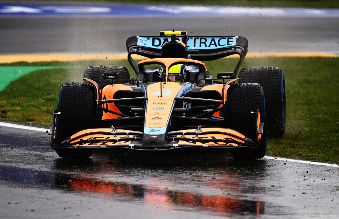 IMOLA, ITALY - APRIL 22: Lando Norris of Great Britain driving the (4) McLaren MCL36 Mercedes runs wide during practice ahead of the F1 Grand Prix of Emilia Romagna at Autodromo Enzo e Dino Ferrari on April 22, 2022 in Imola, Italy. (Photo by Clive Mason/Getty Images)