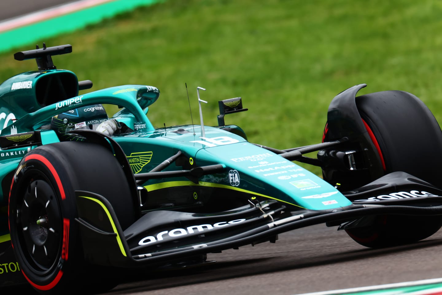 IMOLA, ITALY - APRIL 22: Lance Stroll of Canada driving the (18) Aston Martin AMR22 Mercedes on track during qualifying ahead of the F1 Grand Prix of Emilia Romagna at Autodromo Enzo e Dino Ferrari on April 22, 2022 in Imola, Italy. (Photo by Mark Thompson/Getty Images)