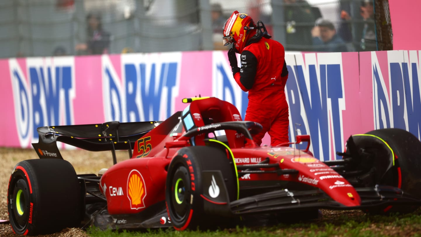 IMOLA, ITALY - APRIL 22: Carlos Sainz of Spain and Ferrari looks on after crashing during