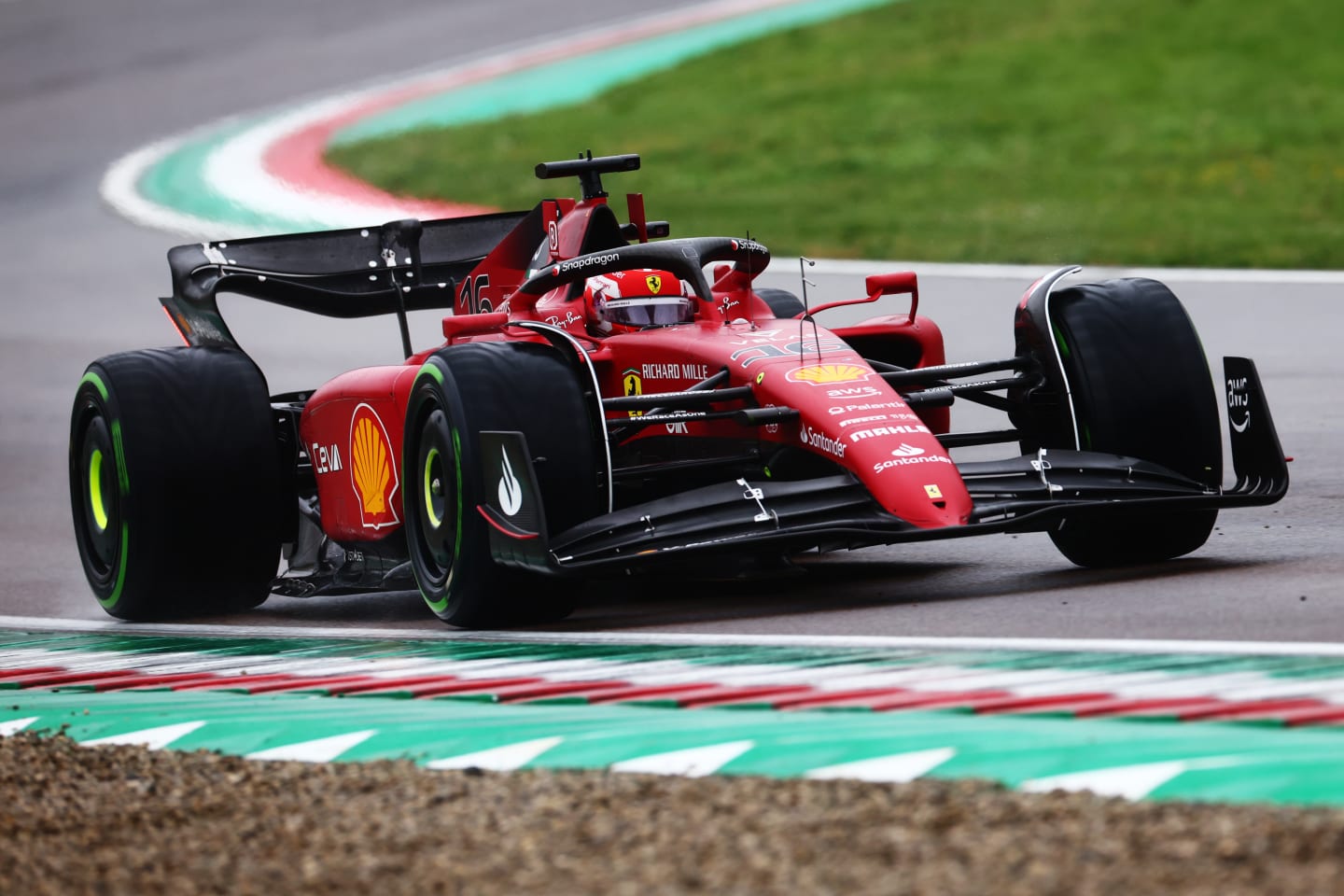IMOLA, ITALY - APRIL 22: Charles Leclerc of Monaco driving (16) the Ferrari F1-75 on track during qualifying ahead of the F1 Grand Prix of Emilia Romagna at Autodromo Enzo e Dino Ferrari on April 22, 2022 in Imola, Italy. (Photo by Mark Thompson/Getty Images)