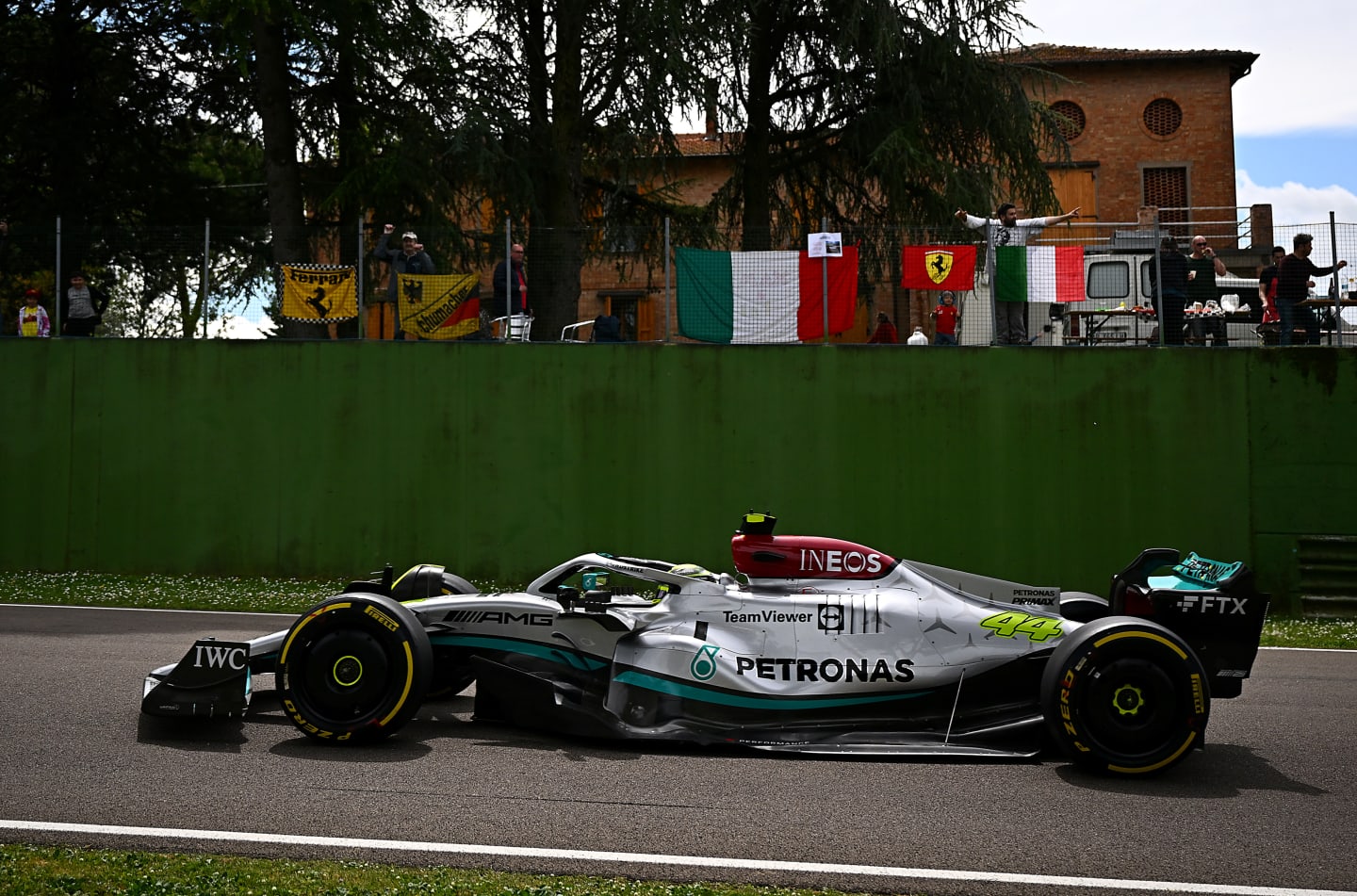 IMOLA, ITALY - APRIL 23: Lewis Hamilton of Great Britain driving the (44) Mercedes AMG Petronas F1 Team W13 on track during practice ahead of the F1 Grand Prix of Emilia Romagna at Autodromo Enzo e Dino Ferrari on April 23, 2022 in Imola, Italy. (Photo by Clive Mason/Getty Images)