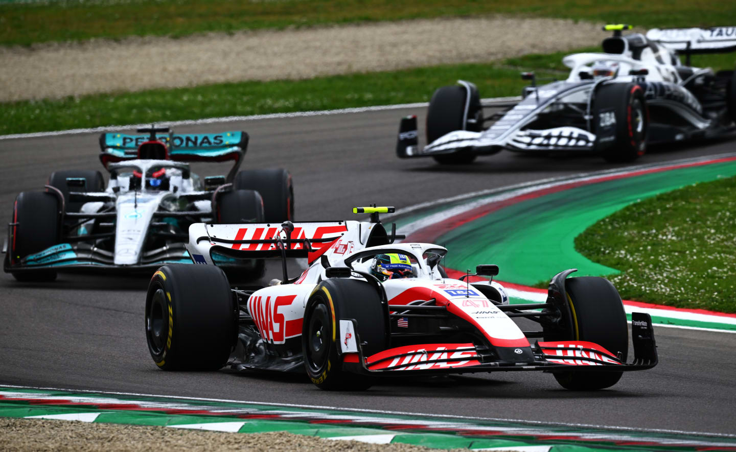 IMOLA, ITALY - APRIL 23: Mick Schumacher of Germany driving the (47) Haas F1 VF-22 Ferrari leads
