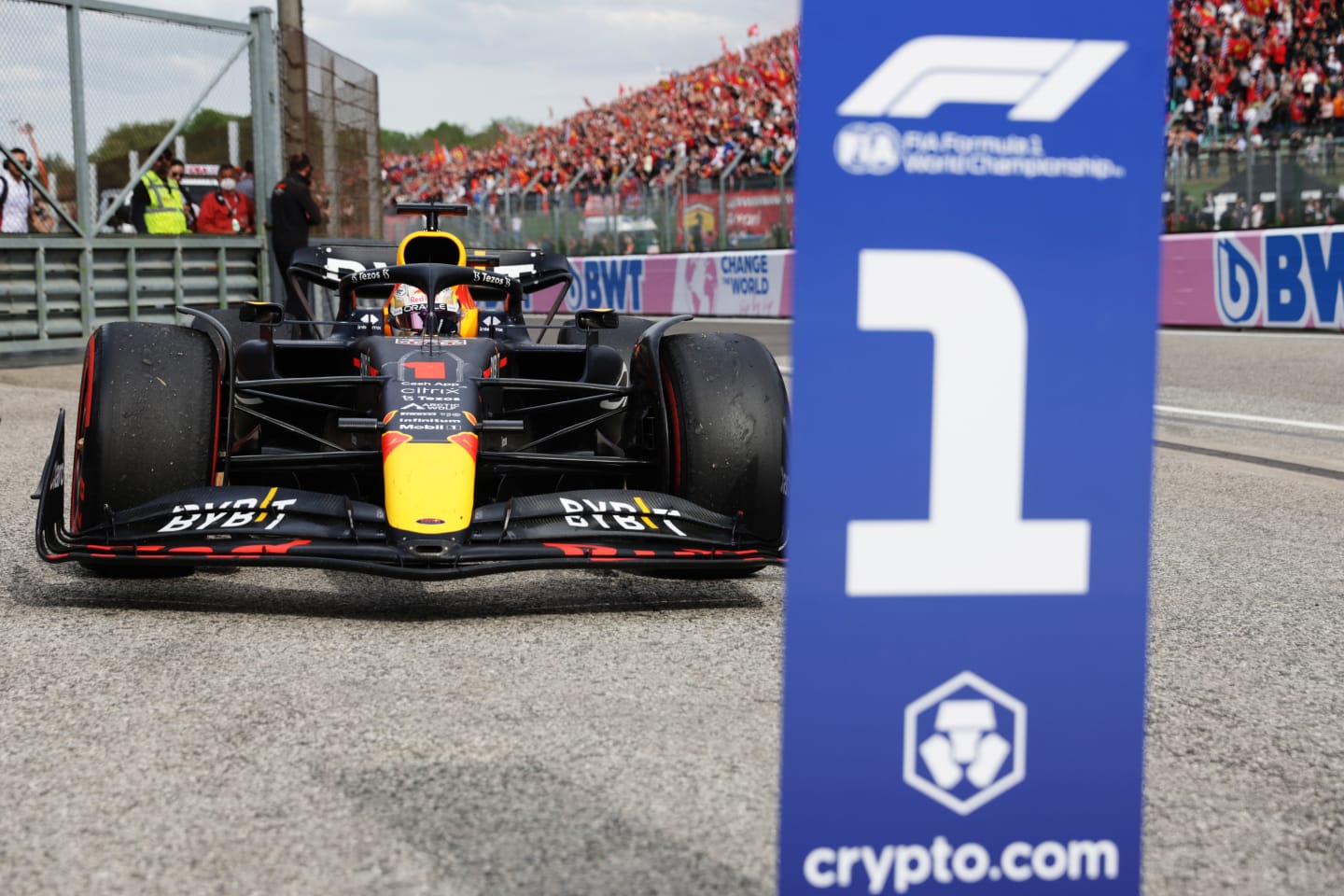 IMOLA, ITALY - APRIL 23: Sprint winner Max Verstappen of the Netherlands driving the (1) Oracle Red Bull Racing RB18 stops in parc ferme during Sprint ahead of the F1 Grand Prix of Emilia Romagna at Autodromo Enzo e Dino Ferrari on April 23, 2022 in Imola, Italy. (Photo by Mark Thompson/Getty Images)