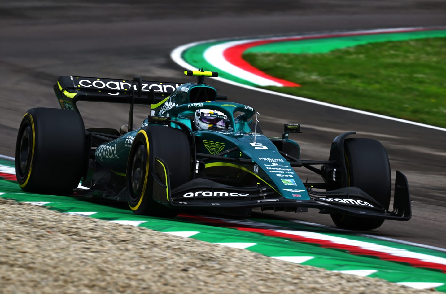 IMOLA, ITALY - APRIL 24: Sebastian Vettel of Germany driving the (5) Aston Martin AMR22 Mercedes on