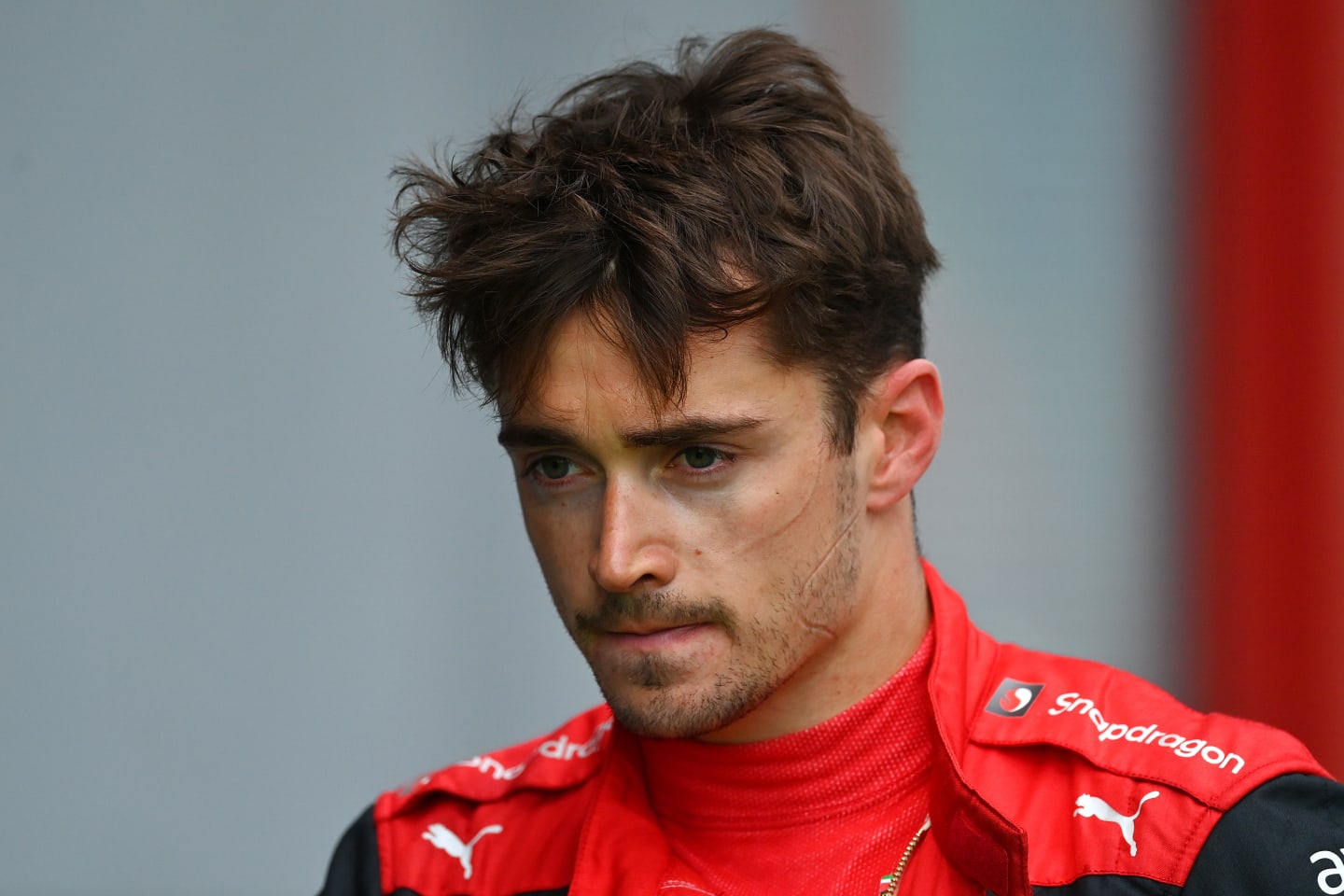 IMOLA, ITALY - APRIL 24: 6th placed Charles Leclerc of Monaco and Ferrari looks dejected in parc ferme after spinning out from third position with 10 laps remaining during the F1 Grand Prix of Emilia Romagna at Autodromo Enzo e Dino Ferrari on April 24, 2022 in Imola, Italy. (Photo by Dan Mullan/Getty Images)