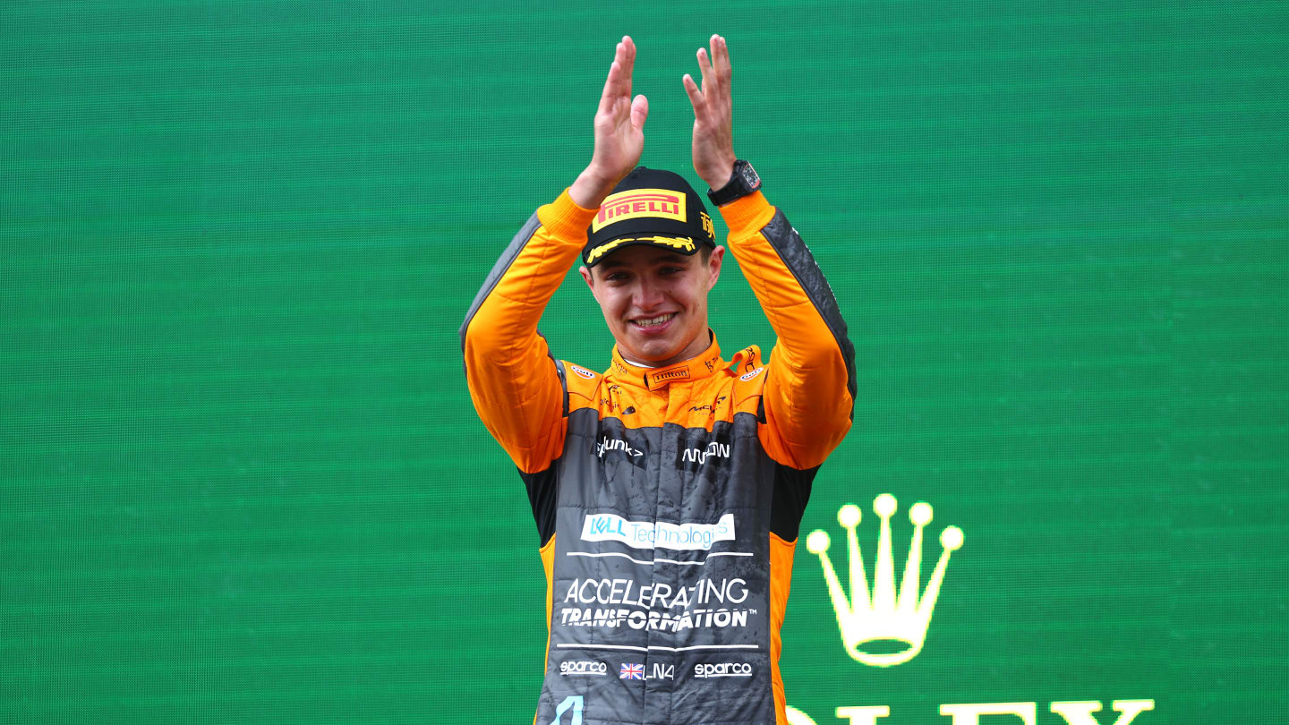 IMOLA, ITALY - APRIL 24: Third placed Lando Norris of Great Britain and McLaren celebrates on the