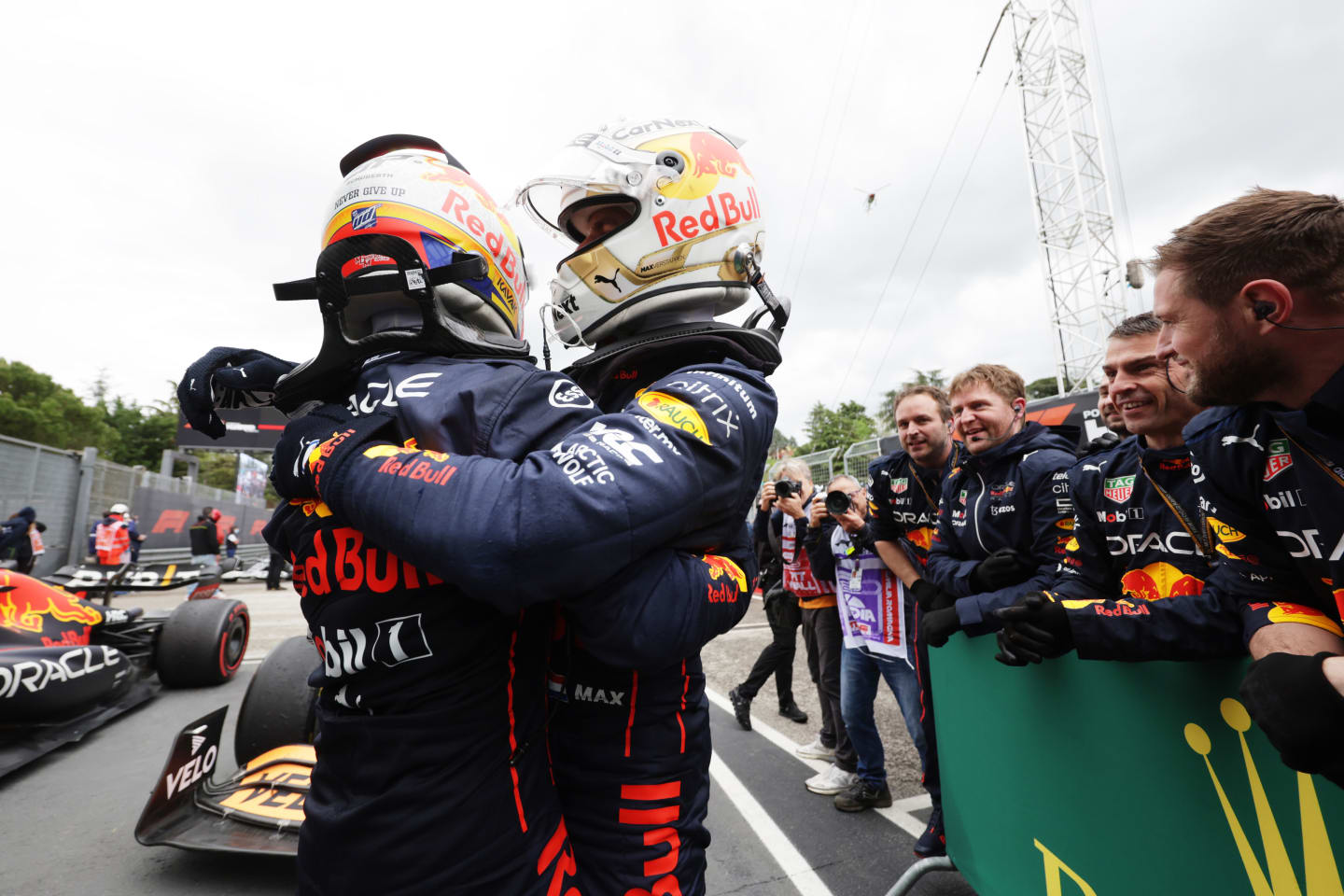 IMOLA, ITALY - APRIL 24: Race winner Max Verstappen of the Netherlands and Oracle Red Bull Racing and Second placed Sergio Perez of Mexico and Oracle Red Bull Racing celebrate in parc ferme during the F1 Grand Prix of Emilia Romagna at Autodromo Enzo e Dino Ferrari on April 24, 2022 in Imola, Italy. (Photo by Mark Thompson/Getty Images)