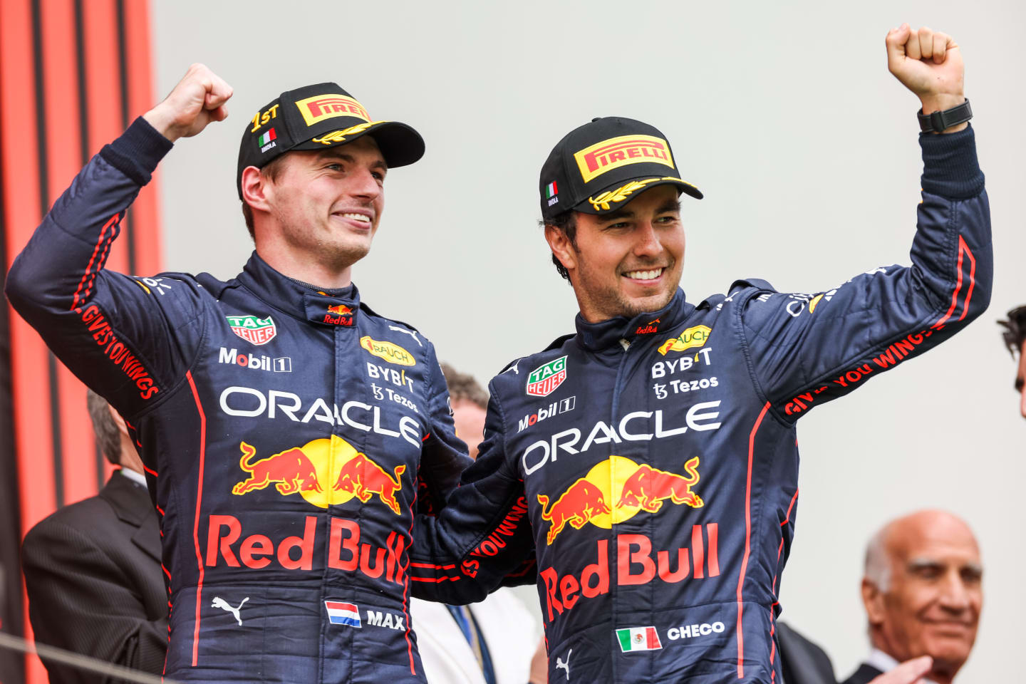 IMOLA, ITALY - APRIL 24: Max Verstappen of Red Bull Racing and The Netherlands  celebrates with Sergio Perez of Mexico and Red Bull Racing after finishing in first and second position during the F1 Grand Prix of Emilia Romagna at Autodromo Enzo e Dino Ferrari on April 24, 2022 in Imola, Italy. (Photo by Peter Fox/Getty Images)