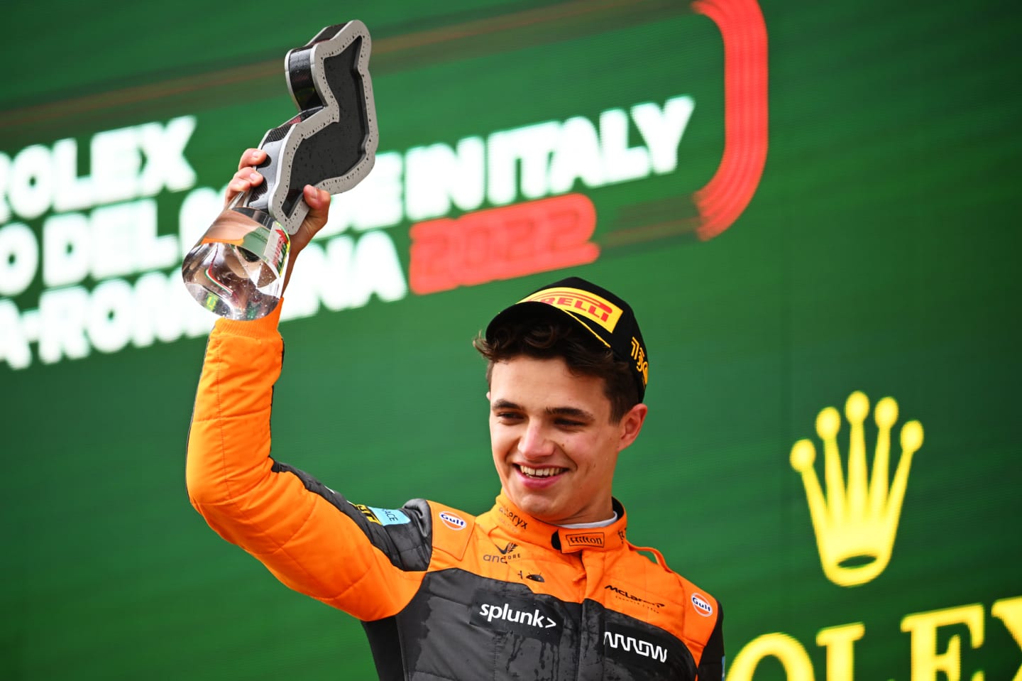 IMOLA, ITALY - APRIL 24: Third placed Lando Norris of Great Britain and McLaren celebrates on the