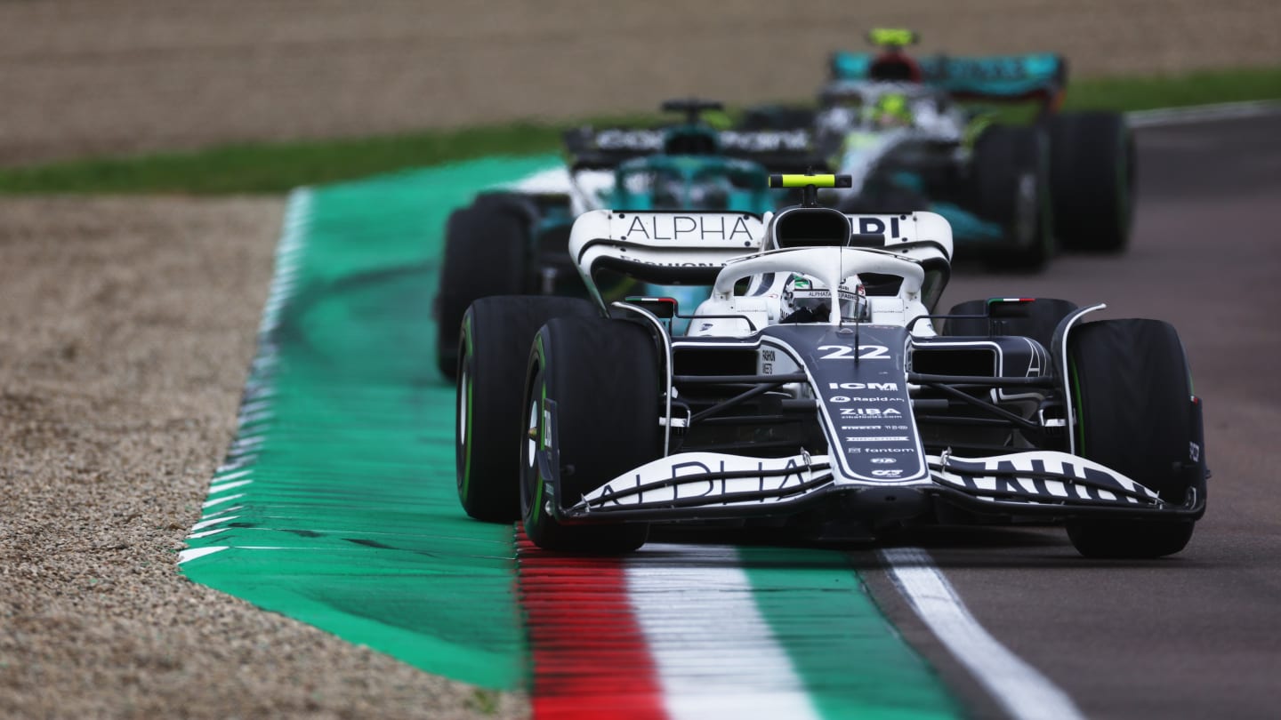 IMOLA, ITALY - APRIL 24: Yuki Tsunoda of Japan driving the (22) Scuderia AlphaTauri AT03 leads