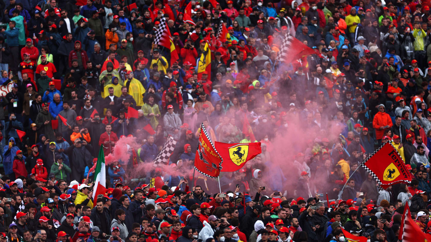 IMOLA, ITALY - APRIL 24: Fans show their support from the stands as they let off a flare during the