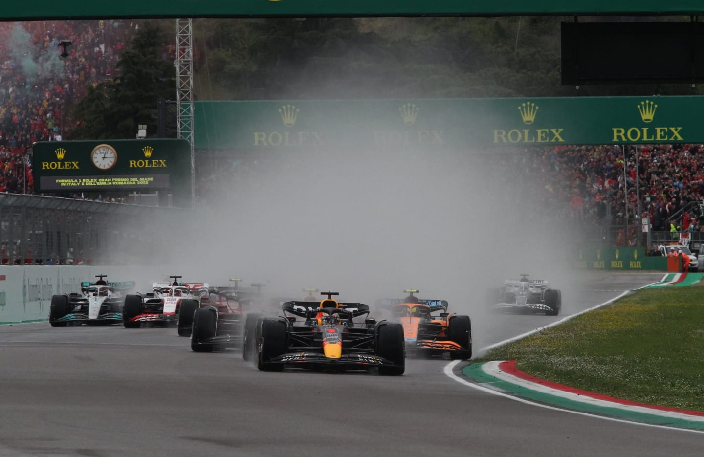 IMOLA, ITALY - APRIL 24: Start of the Grand Prix in the wet, in the lead is Max Verstappen (NDL)