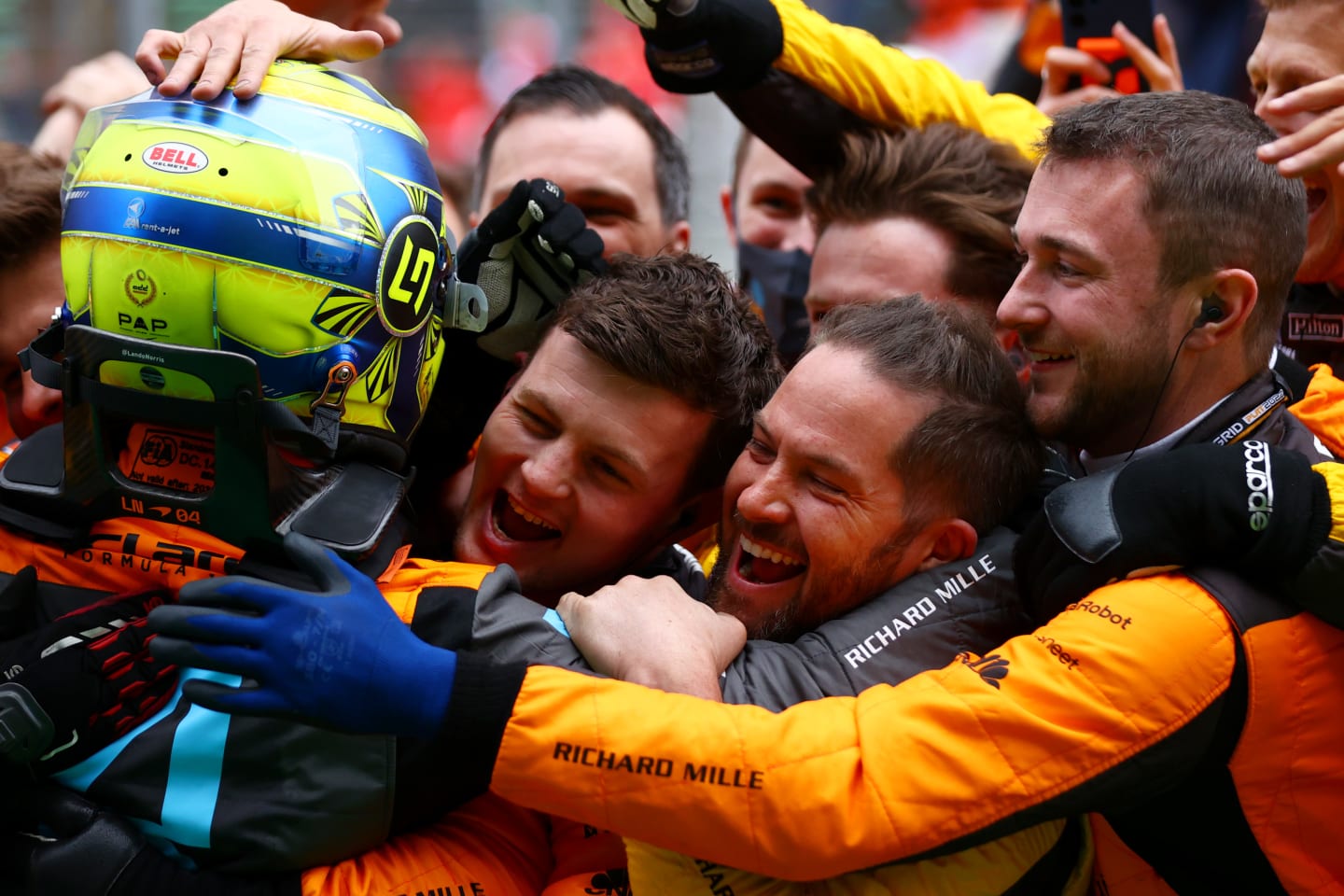 IMOLA, ITALY - APRIL 24: Third placed Lando Norris of Great Britain and McLaren celebrates in parc