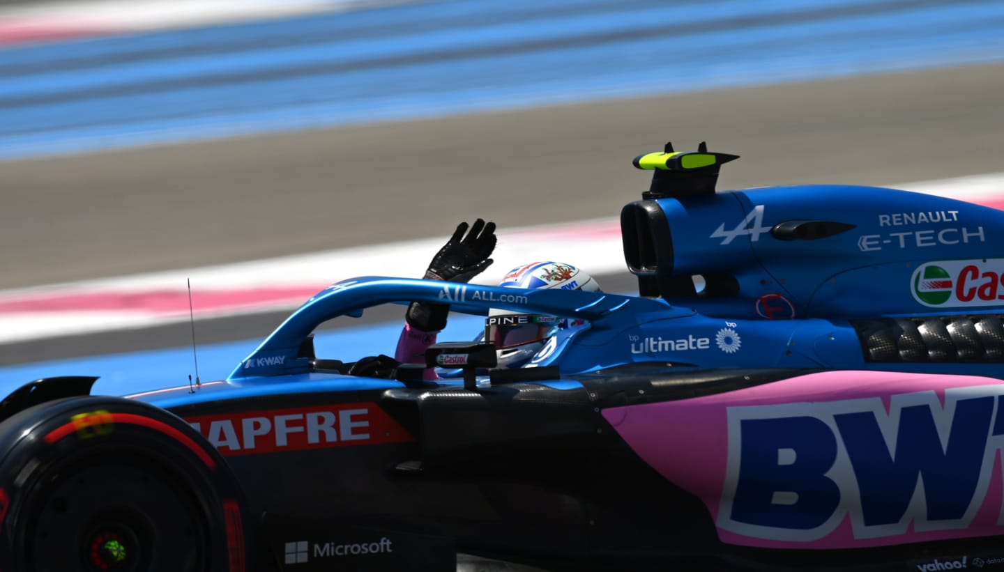 LE CASTELLET, FRANCE - JULY 22: Esteban Ocon of France driving the (31) Alpine F1 A522 Renault waves to the crowd during practice ahead of the F1 Grand Prix of France at Circuit Paul Ricard on July 22, 2022 in Le Castellet, France. (Photo by Dan Mullan/Getty Images)