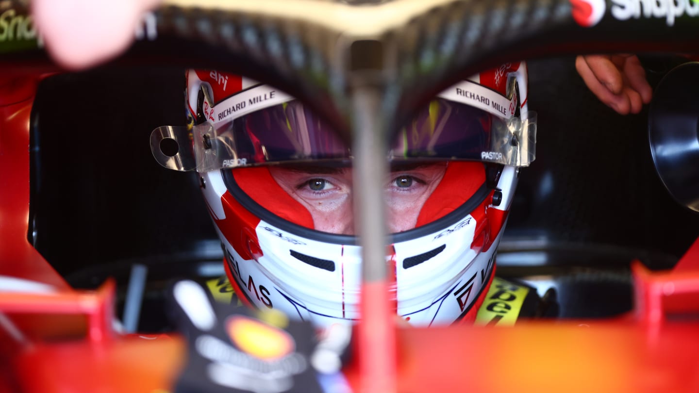 LE CASTELLET, FRANCE - JULY 22: Charles Leclerc of Monaco and Ferrari prepares to drive in the garage during practice ahead of the F1 Grand Prix of France at Circuit Paul Ricard on July 22, 2022 in Le Castellet, France. (Photo by Dan Istitene - Formula 1/Formula 1 via Getty Images)