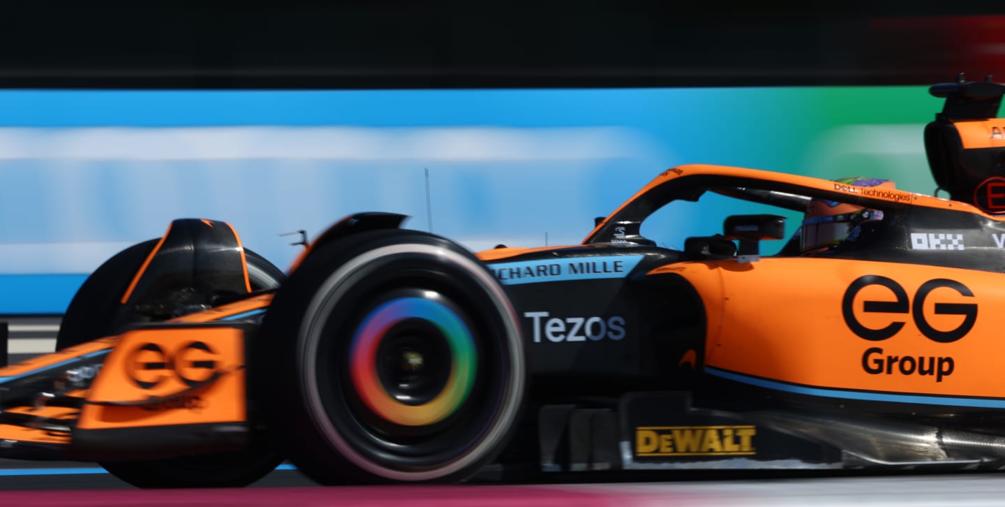 LE CASTELLET, FRANCE - JULY 22: Daniel Ricciardo of Australia driving the (3) McLaren MCL36 Mercedes on track during practice ahead of the F1 Grand Prix of France at Circuit Paul Ricard on July 22, 2022 in Le Castellet, France. (Photo by Bryn Lennon - Formula 1/Formula 1 via Getty Images)