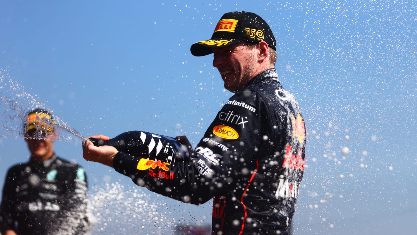 LE CASTELLET, FRANCE - JULY 24: Race winner Max Verstappen of the Netherlands and Oracle Red Bull Racing celebrates on the podium during the F1 Grand Prix of France at Circuit Paul Ricard on July 24, 2022 in Le Castellet, France. (Photo by Dan Istitene - Formula 1/Formula 1 via Getty Images)