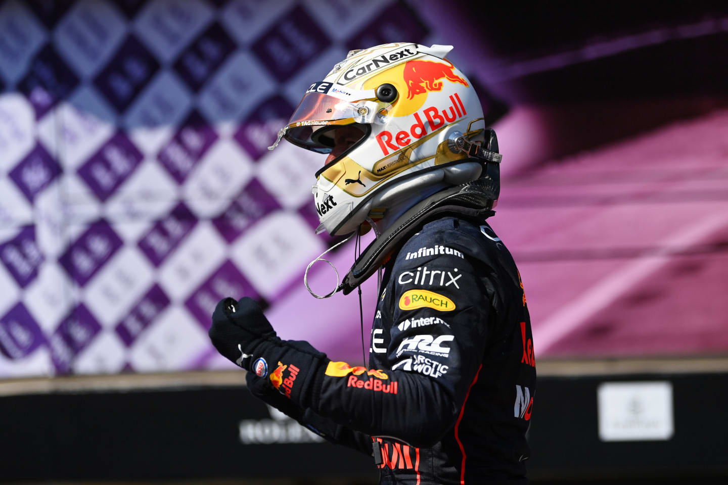 LE CASTELLET, FRANCE - JULY 24: Race winner Max Verstappen of the Netherlands and Oracle Red Bull Racing celebrates in parc ferme during the F1 Grand Prix of France at Circuit Paul Ricard on July 24, 2022 in Le Castellet, France. (Photo by Dan Mullan/Getty Images)