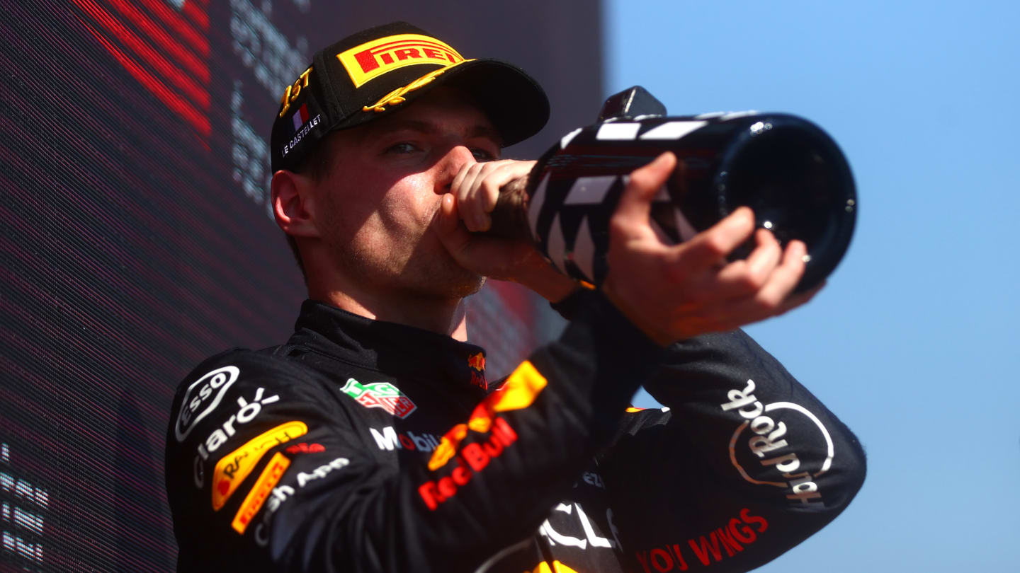 LE CASTELLET, FRANCE - JULY 24: Race winner Max Verstappen of the Netherlands and Oracle Red Bull Racing celebrates on the podium during the F1 Grand Prix of France at Circuit Paul Ricard on July 24, 2022 in Le Castellet, France. (Photo by Dan Istitene - Formula 1/Formula 1 via Getty Images)