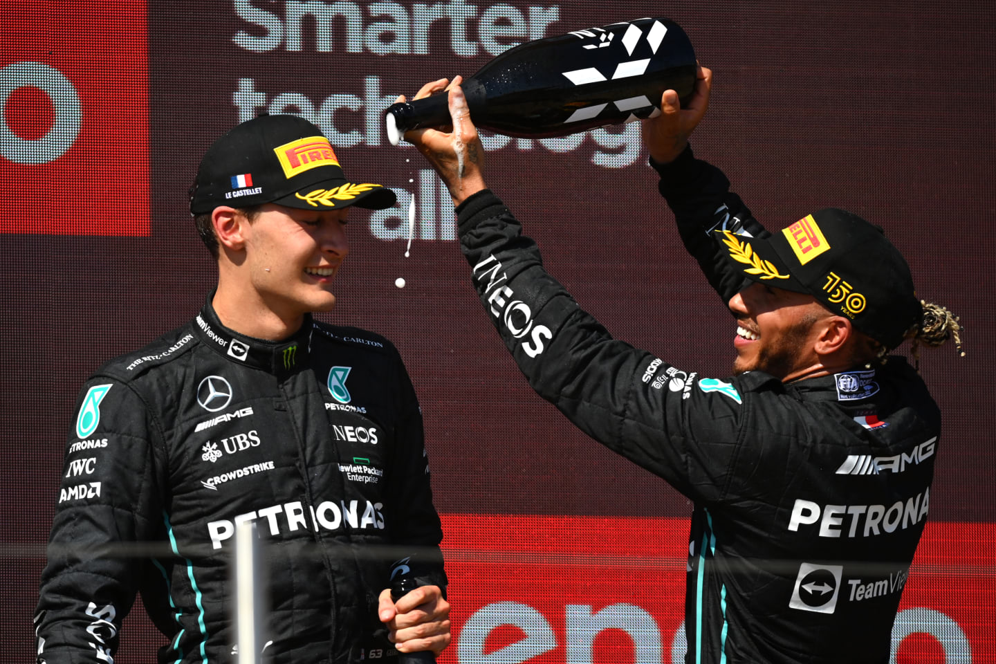LE CASTELLET, FRANCE - JULY 24: Second placed Lewis Hamilton of Great Britain and Mercedes and