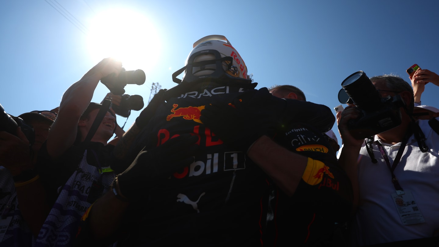 LE CASTELLET, FRANCE - JULY 24: Race winner Max Verstappen of the Netherlands and Oracle Red Bull Racing celebrates in parc ferme during the F1 Grand Prix of France at Circuit Paul Ricard on July 24, 2022 in Le Castellet, France. (Photo by Bryn Lennon - Formula 1/Formula 1 via Getty Images)