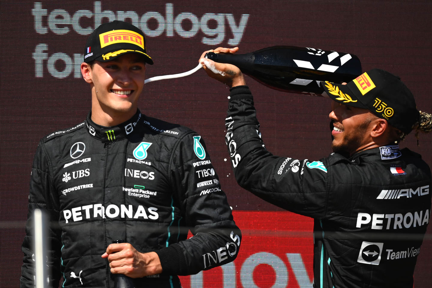 LE CASTELLET, FRANCE - JULY 24: Second placed Lewis Hamilton of Great Britain and Mercedes and