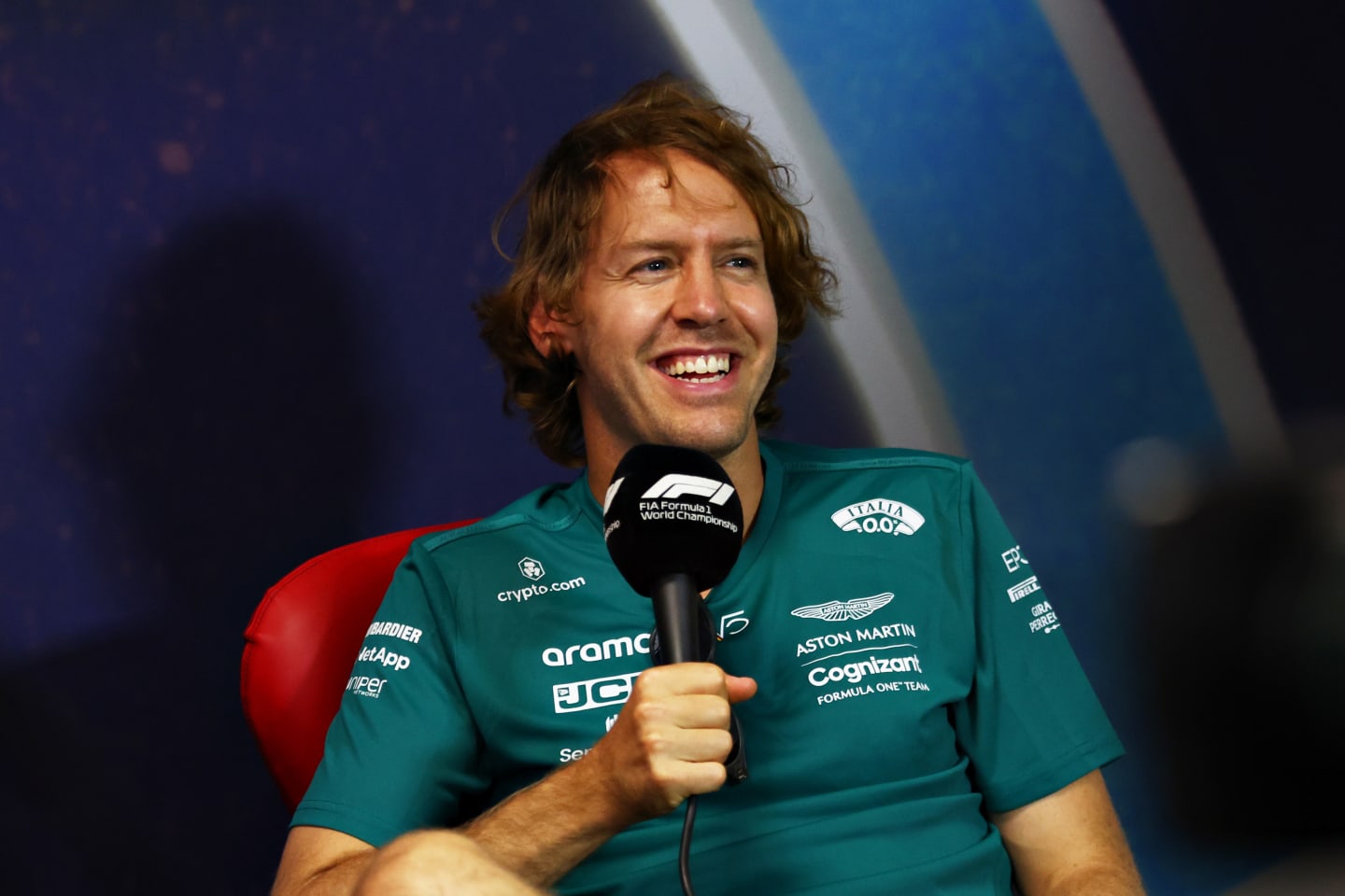 LE CASTELLET, FRANCE - JULY 21: Sebastian Vettel of Germany and Aston Martin F1 Team talks in the Drivers Press Conference during previews ahead of the F1 Grand Prix of France at Circuit Paul Ricard on July 21, 2022 in Le Castellet, France. (Photo by Bryn Lennon/Getty Images)