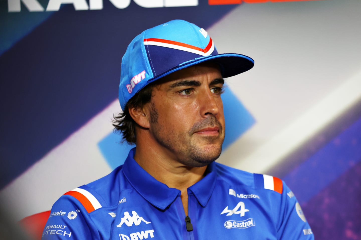 LE CASTELLET, FRANCE - JULY 21: Fernando Alonso of Spain and Alpine F1 talks in the Drivers Press Conference during previews ahead of the F1 Grand Prix of France at Circuit Paul Ricard on July 21, 2022 in Le Castellet, France. (Photo by Bryn Lennon/Getty Images)