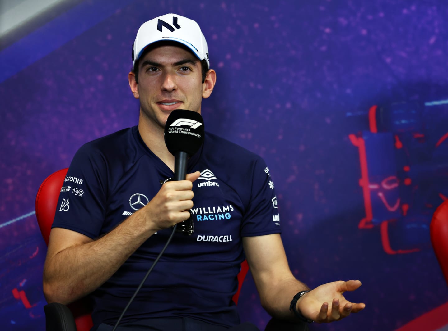 LE CASTELLET, FRANCE - JULY 21: Nicholas Latifi of Canada and Williams talks in the Drivers Press Conference during previews ahead of the F1 Grand Prix of France at Circuit Paul Ricard on July 21, 2022 in Le Castellet, France. (Photo by Bryn Lennon/Getty Images)
