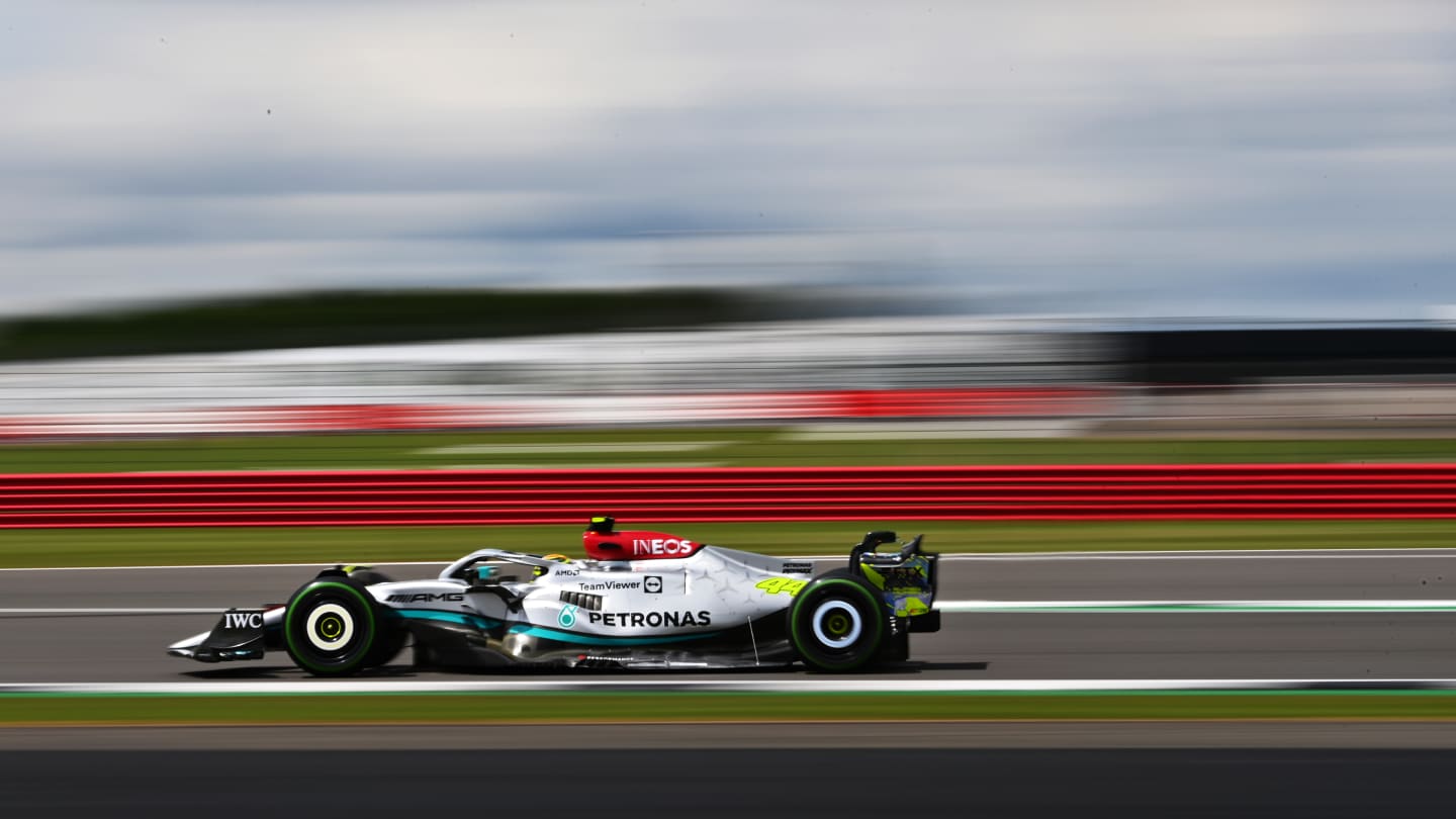 NORTHAMPTON, ENGLAND - JULY 01: Lewis Hamilton of Great Britain driving the (44) Mercedes AMG Petronas F1 Team W13 on track during practice ahead of the F1 Grand Prix of Great Britain at Silverstone on July 01, 2022 in Northampton, England. (Photo by Dan Mullan - Formula 1/Formula 1 via Getty Images)