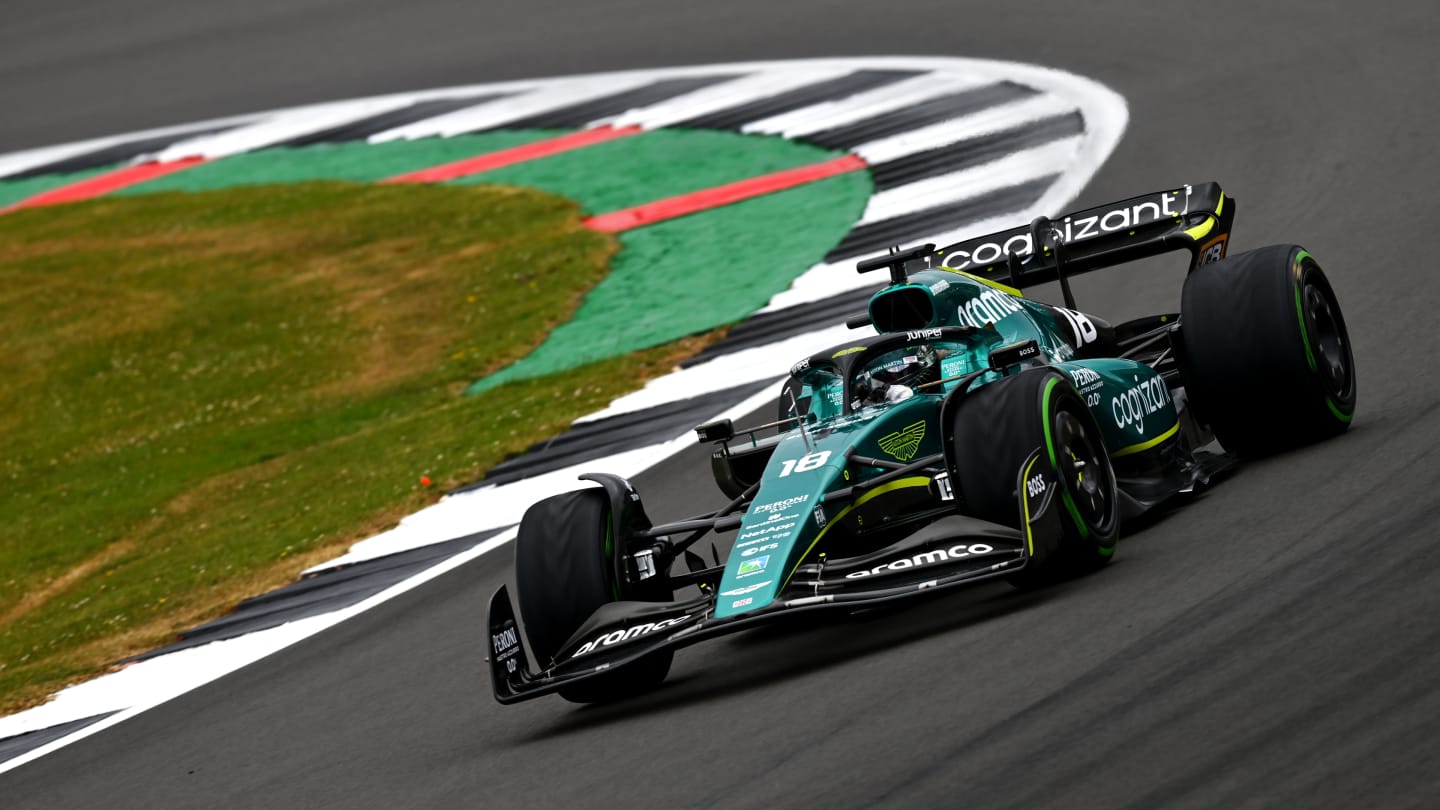NORTHAMPTON, ENGLAND - JULY 01: Lance Stroll of Canada driving the (18) Aston Martin AMR22 Mercedes on track during practice ahead of the F1 Grand Prix of Great Britain at Silverstone on July 01, 2022 in Northampton, England. (Photo by Dan Mullan - Formula 1/Formula 1 via Getty Images)