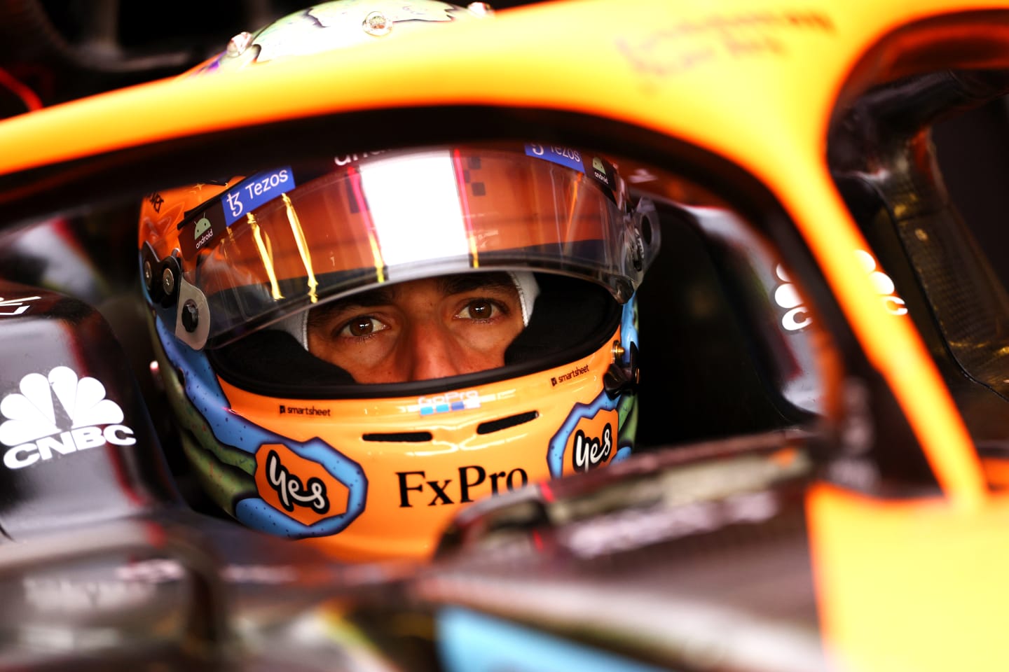 NORTHAMPTON, ENGLAND - JULY 01: Daniel Ricciardo of Australia and McLaren prepares to drive in the garage during practice ahead of the F1 Grand Prix of Great Britain at Silverstone on July 01, 2022 in Northampton, England. (Photo by Clive Rose/Getty Images)